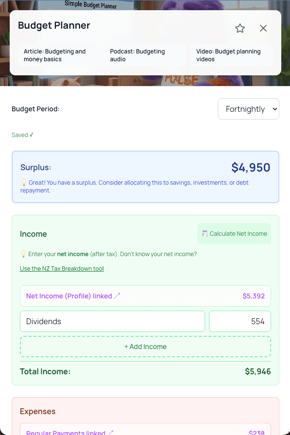Pulse mobile budget planner showing a fortnightly surplus and linked income information