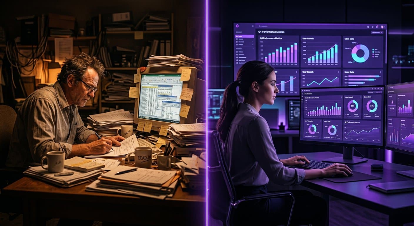 Before and after view of spreadsheet chaos replaced by an organised business dashboard